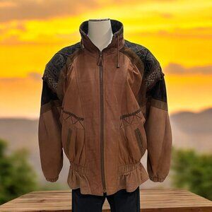 Vintage Genuine Leather Jacket Unique Patterned Patchwork Oversized Bomber M